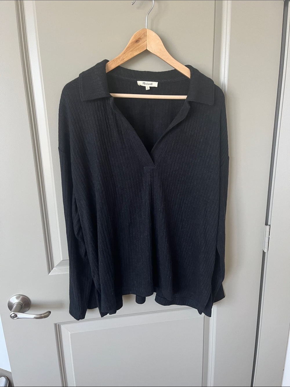 Madewell Black Ribbed Open Polo Tunic